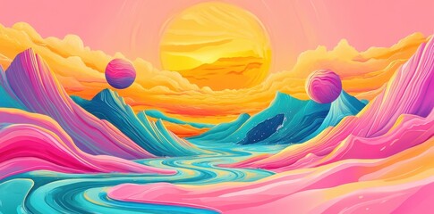 Obraz premium Colorful pastel landscape with surreal planets and a bright sun