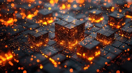 Abstract representation of glowing cubes in a digital landscape, creating a mesmerizing atmosphere