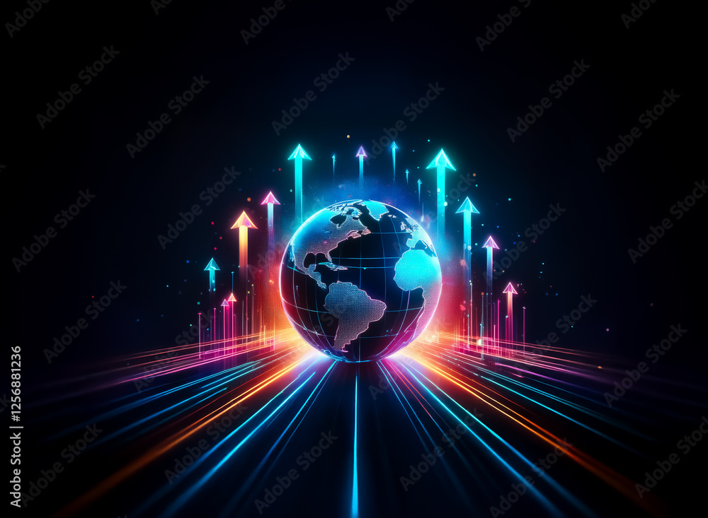 Poster a glowing globe surrounded by vibrant upward arrows, symbolizes progress and global connectivity in 