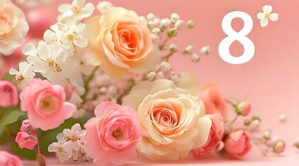Number eight in spring colors, on a pastel pink background, with space for text, International Women's Day. copy space