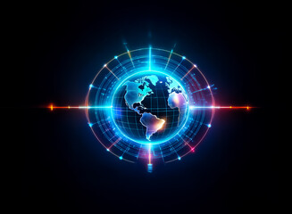 A luminous globe with digital grid lines radiates vibrant energy against a dark backdrop, creating a futuristic and technological atmosphere.