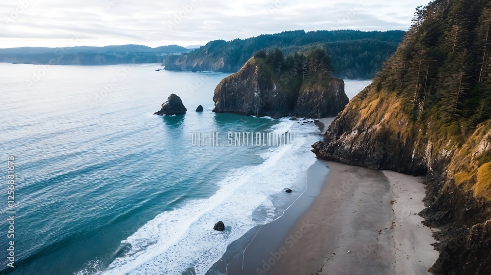 Poster beautiful coastal shoreline with rugged cliffs and gentle waves lapping the sandy beach under a soft