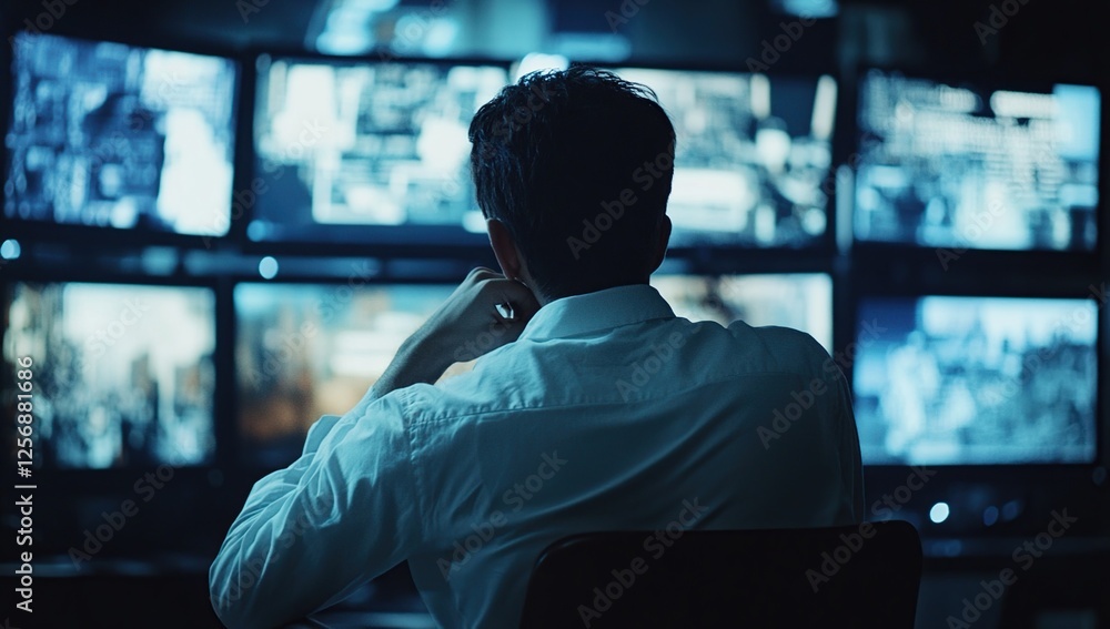 Aufkleber analyst reviews multi-screen data feeds at night for security monitoring and surveillance