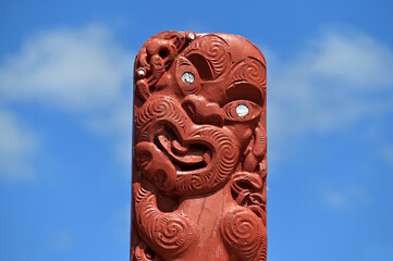 Maori decoration on the roof of Te Korowai ō Maikuku waka house on the Waitangi Treaty Grounds
