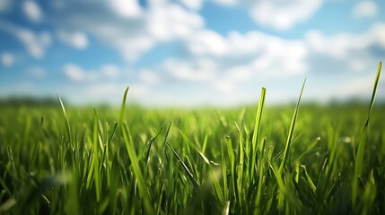 Obraz premium Vibrant green grass in a sunny field with blue sky and fluffy clouds creating a serene natural landscape : Generative AI