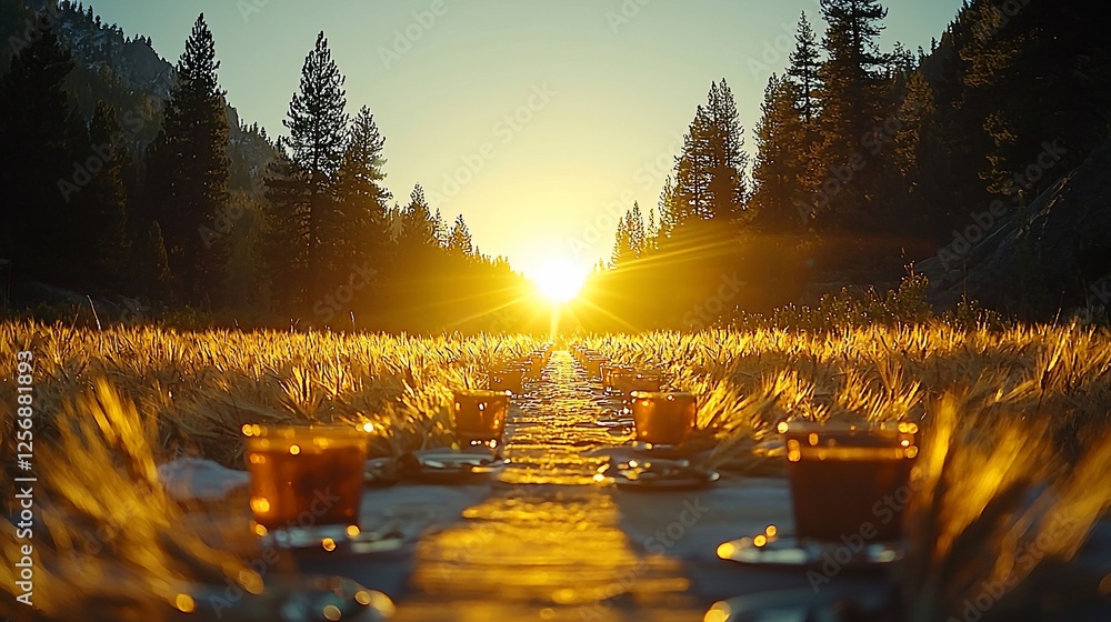 Canvas Prints Sunset Dinner Table in Wheat Field, Mountains Background