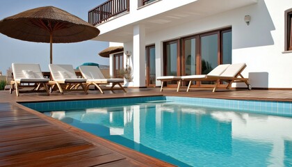 Fototapeta premium Luxury Villa Poolside Relaxation Modern Home with Swimming Pool
