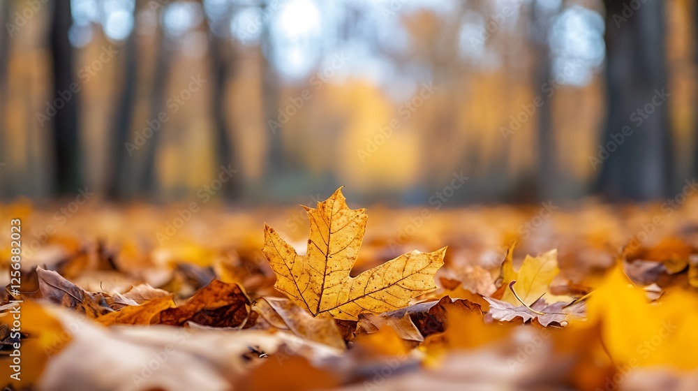 Poster closeup view of a bright yellow maple leaf amidst a blanket of autumn foliage on the forest floor : 