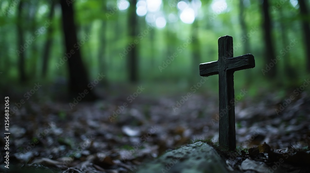 Poster Serene Forest Scene Featuring a Rustic Cross Amidst Lush Greenery and Tranquil Atmosphere : Generative AI
