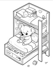isometric coloring book for kids colorless simple isometric vector of a cute koala sitting in his organize bedroom