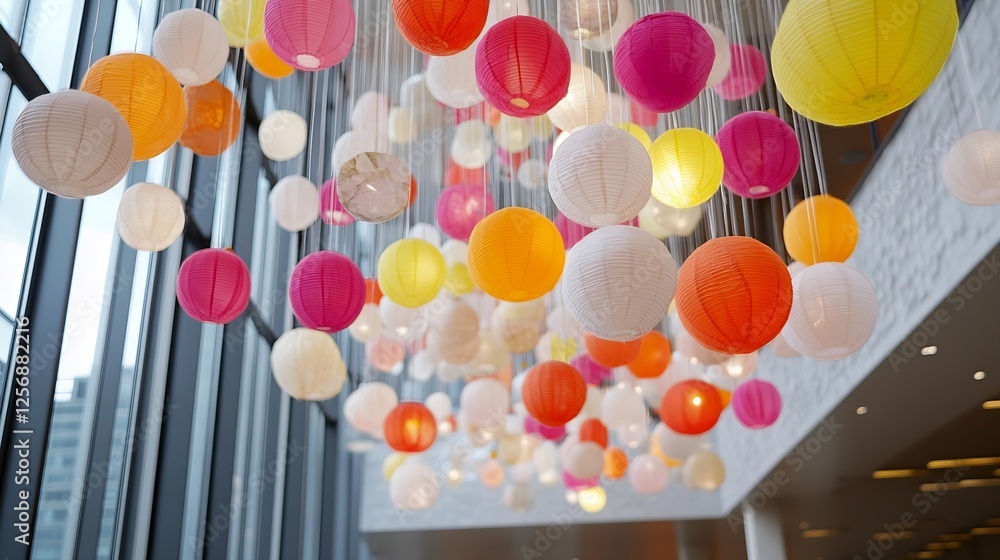 Poster Colorful paper lanterns hanging from the ceiling creating a festive and vibrant atmosphere : Generative AI