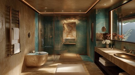 A luxurious spa bathroom with waterproof painted tile walls.