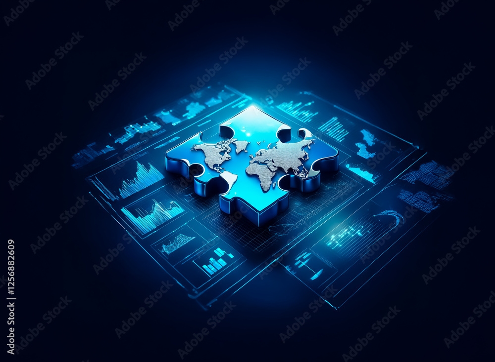Poster a world map puzzle piece is set against a backdrop of digital blue charts, symbolizing global data c