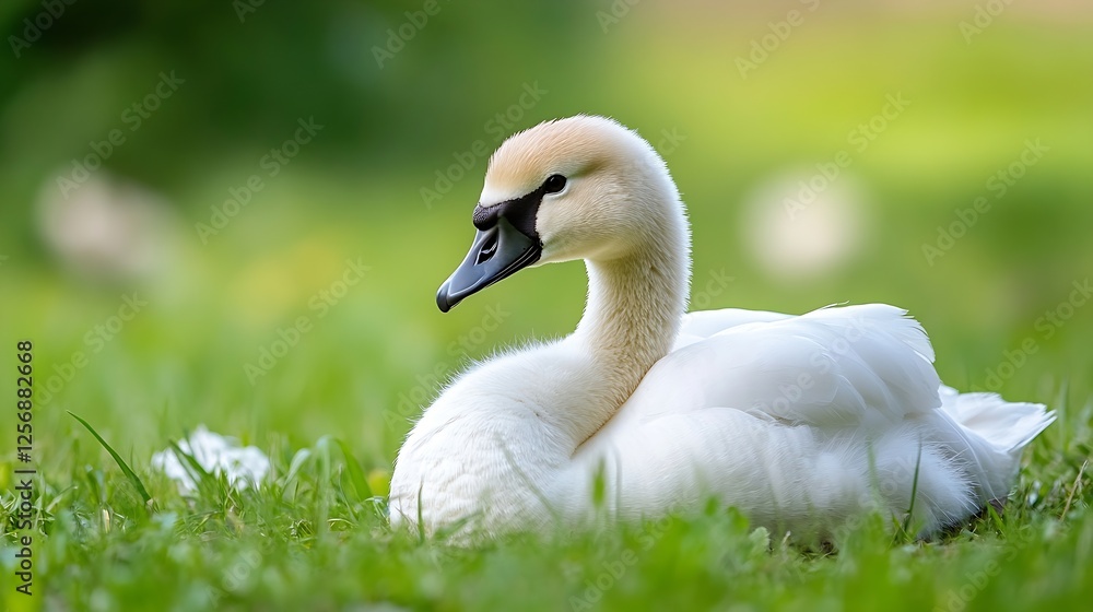 Aufkleber cute swan resting peacefully on green grass under soft light in a natural setting : generative ai