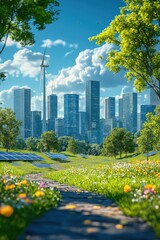 Sustainable Cityscape Green Energy Park with Solar Panels and Wind Turbine
