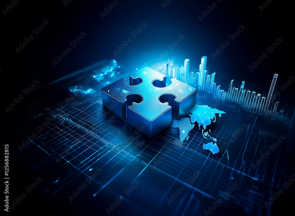 Poster illuminated blue puzzle piece rests on a digital grid. world map and bar chart elements in the backg