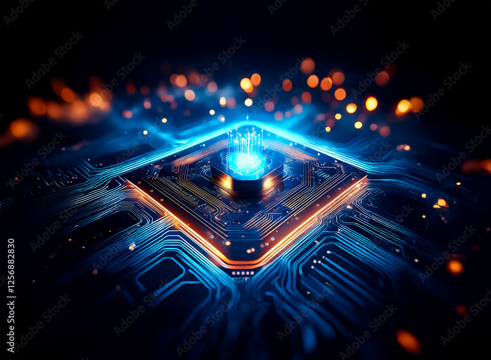 Poster a glowing blue square with circuit lines and orange edges is centered on a dark backdrop with bokeh 