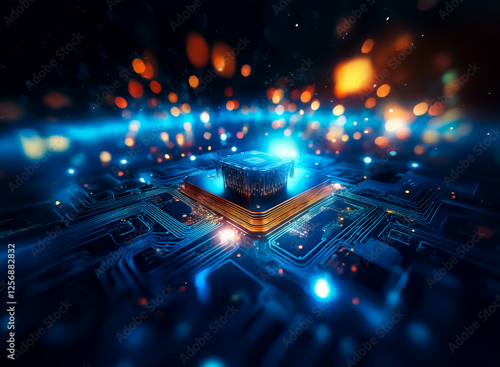 Poster futuristic circuit board glows with blue light, highlighting the central processor. orange bokeh lig