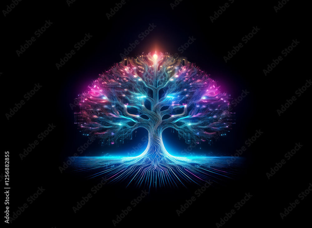 Poster abstract glowing tree with colorful lights on a dark backdrop. its branches reach upwards, creating 