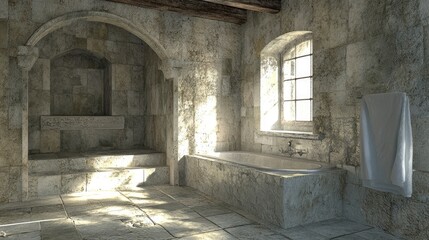 Fototapeta premium A luxurious villa bathroom with repainted tiles that mimic natural stone.