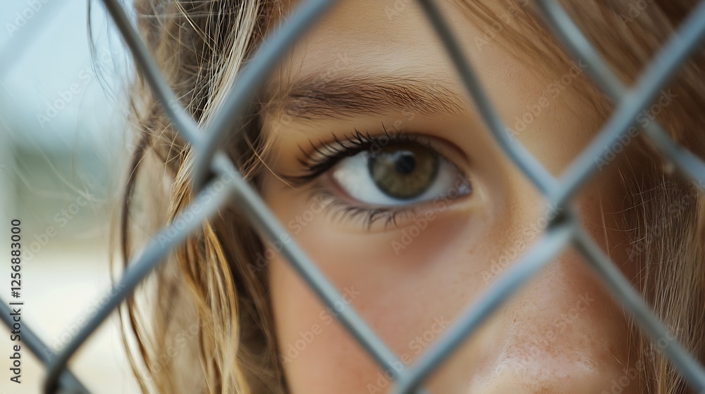 Poster intense closeup portrait of a child's eye peering through a wire fence showcasing innocence and curi