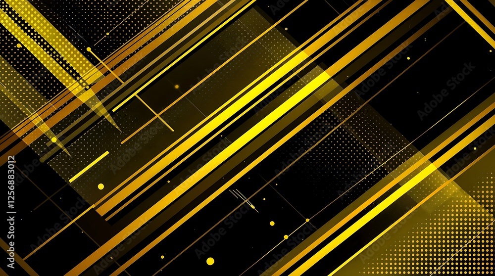 Poster dynamic geometric pattern with gold diagonal lines and dotted textures on black. perfect for luxury 