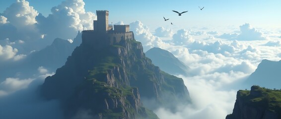 A fortress wall high in the mountains, with clouds floating below