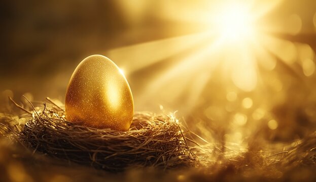 Golden Egg in Nest at Sunrise:  Symbol of Opportunity, Wealth, and New Beginnings.  A Serene Image.