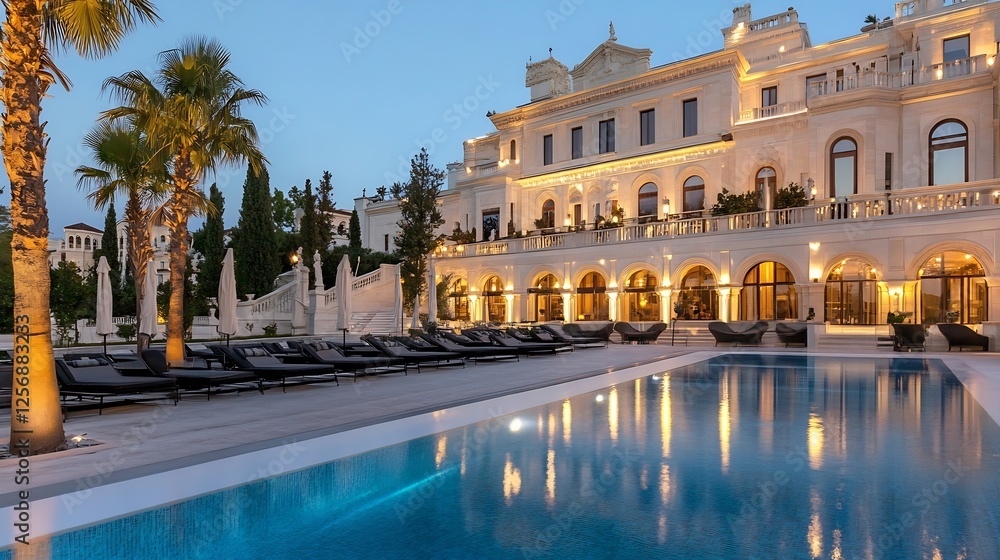 Poster Stunning view of a luxurious hotel at dusk with illuminated swimming pool and palm trees : Generative AI