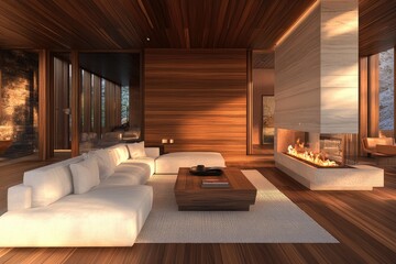Fototapeta premium Modern Minimalist Cabin Living Room with Warm Wooden Accents and Stunning Natural Light