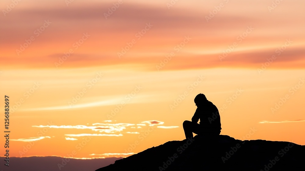 Poster stunning sunset with a person in silhouette sitting on a rock symbolizing introspection and peace : 