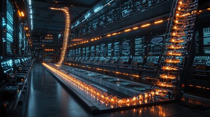 Futuristic data center with glowing pathways and advanced technology in a high-tech environment