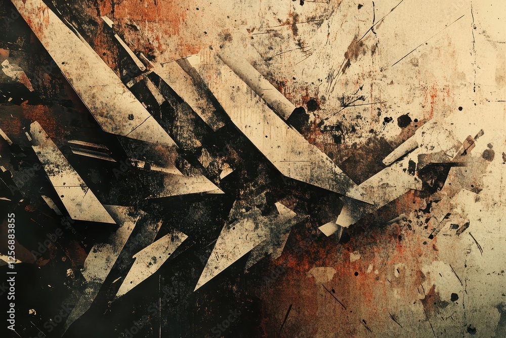 Poster abstract composition of geometric shapes and splatters in muted tones