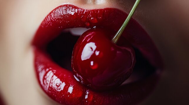 Woman with red lipstick holding a cherry between her lips