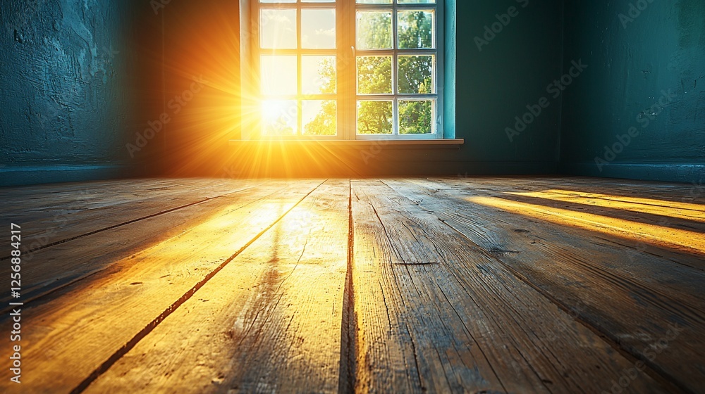 Poster Sunset light streams through window in empty room