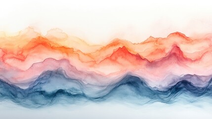 Abstract watercolor landscape with vibrant mountain ranges in hues of red, orange, and blue