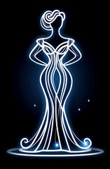 A woman in a dress is standing in front of a dark background. The dress is white and the woman is wearing a black top. The dress is elegant and sophisticated