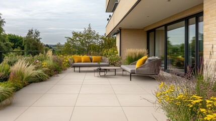 A modern balcony with minimalist, neutral-tone painted tiles for a sleek look.