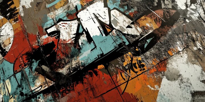 Abstract urban art featuring bold colors and rough textures