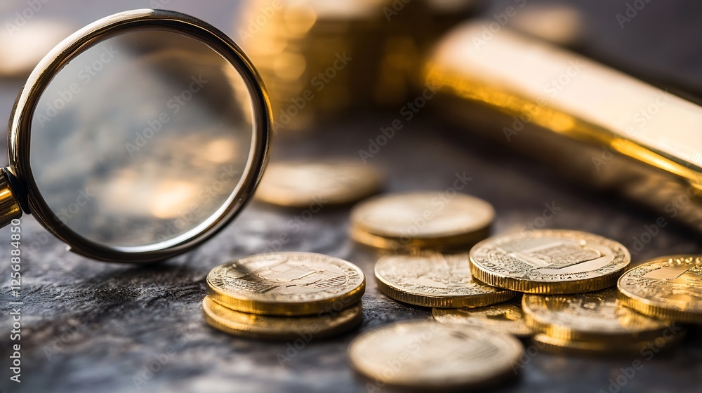 Aufkleber magnifying glass on scattered gold coins with a gleaming shine : generative ai