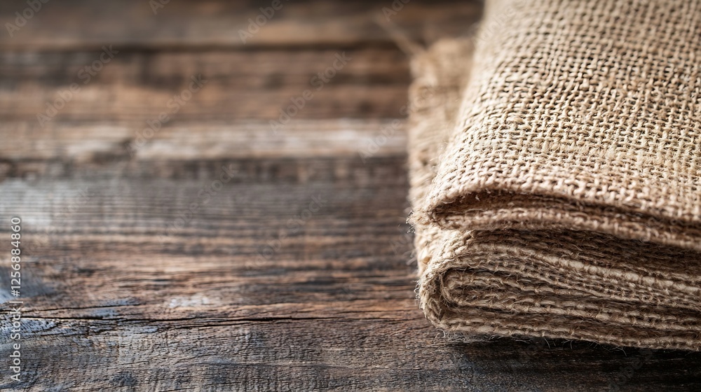 Poster Close up of rolled burlap fabric laid on a rustic wooden surface showcasing texture and natural fibers : Generative AI