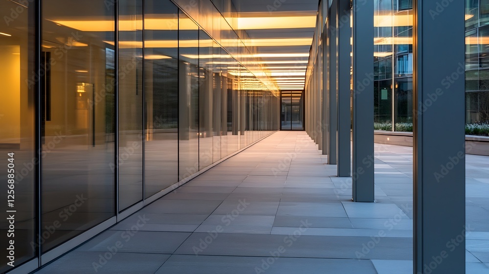 Poster Modern architectural walkway with reflective glass walls and sleek design featuring soft evening light : Generative AI