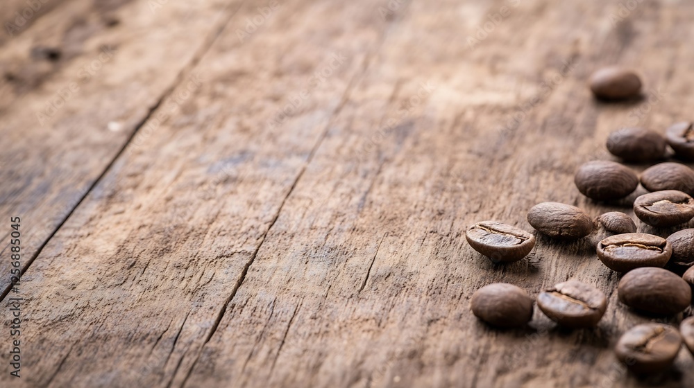 Poster freshly harvested coffee beans scattered on a wooden surface showing rustic coffee production : gene