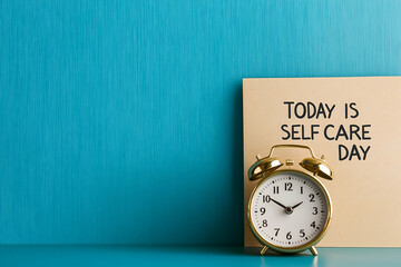 A gold alarm clock next to a note reads "Today is Self Care Day" against a teal background, promoting personal wellness and mindfulness.