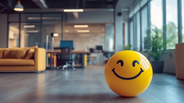 Yellow smiling ball in the office interior, Positivity in the workplace concept