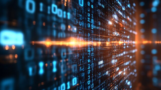 Futuristic digital representation of binary codes in blue tones demonstrating advanced data technology and information flow : Generative AI