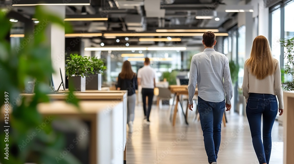 Poster modern office environment with professionals walking and working in a collaborative space filled wit