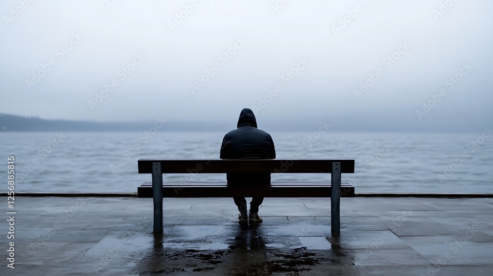 Poster lonely person in hoodie seated on bench by the water on a foggy tranquil day : generative ai