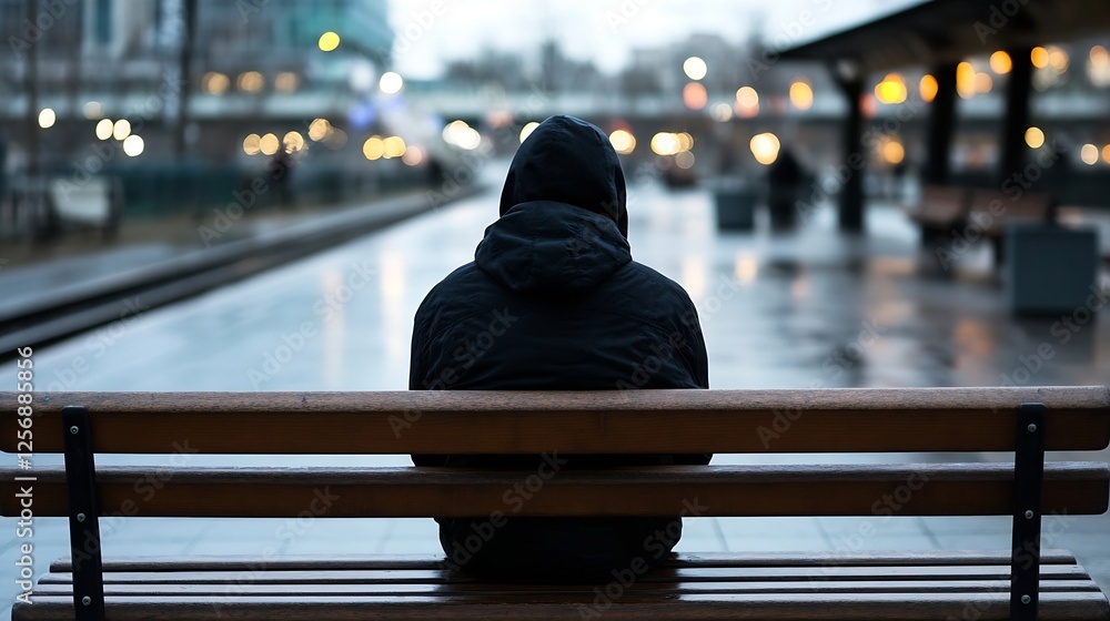 Poster contemplative figure in hoodie seated alone on a park bench in urban setting during rainy day : gene