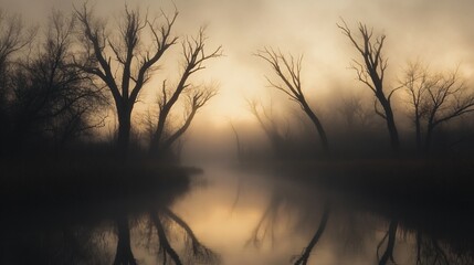 Fototapeta premium Serene Sunrise Over Misty River and Silhouetted Trees